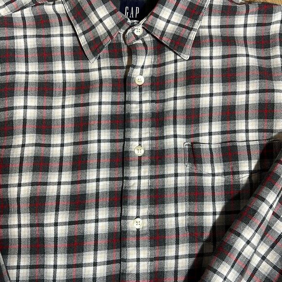 Gap Men's Flannel Checked Long Sleeve Shirt Plaid Button Down Gray Red Large - Picture 3 of 4